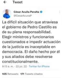 César Acuña culpó al presidente de la República Pedro Castillo, por la crisis del país. 