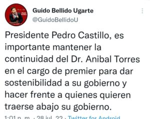 Bellido sostuvo que la permanencia de Aníbal Torres en el gobierno de Pedro Castillo, permitiría que se tenga un gobierno estable.